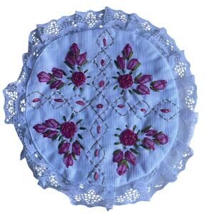 Handmade Mexican Tortilla Warmer Cover Embroidered  Pink Flowers Traditional